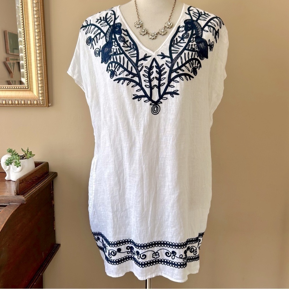 Tory Burch Embroidered Beach Caftan Cover-Up Mini Dress Navy Blue White Linen S